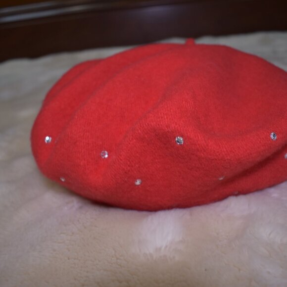 Vintage Red Wool Beret French Girl Style Sparkly Embellished Hat Chic - Picture 7 of 12
